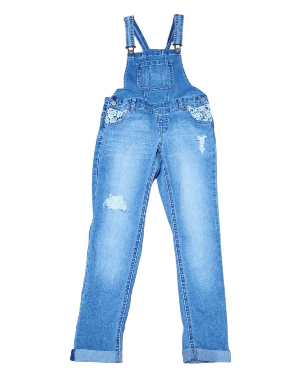Justice Girls Size 8 Denim Overalls Lace Distressed Skinny Jeans Adjustable